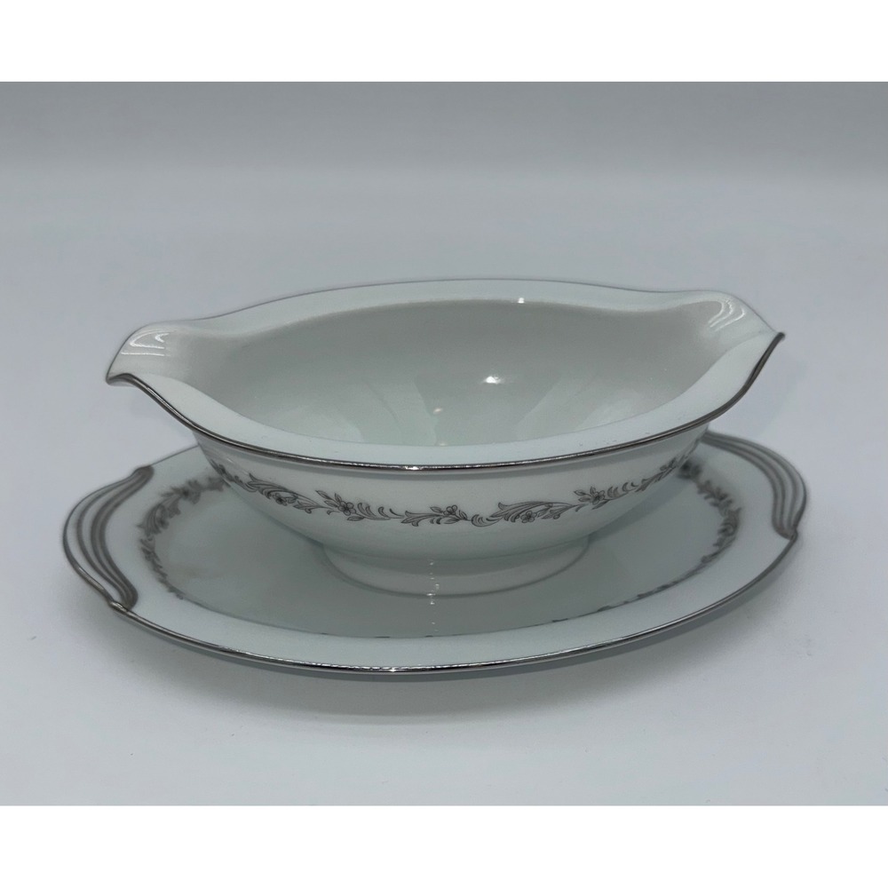 Noritake China Crestmont Gravy Boat with‎ Underplate 6013 Silver Floral Japan